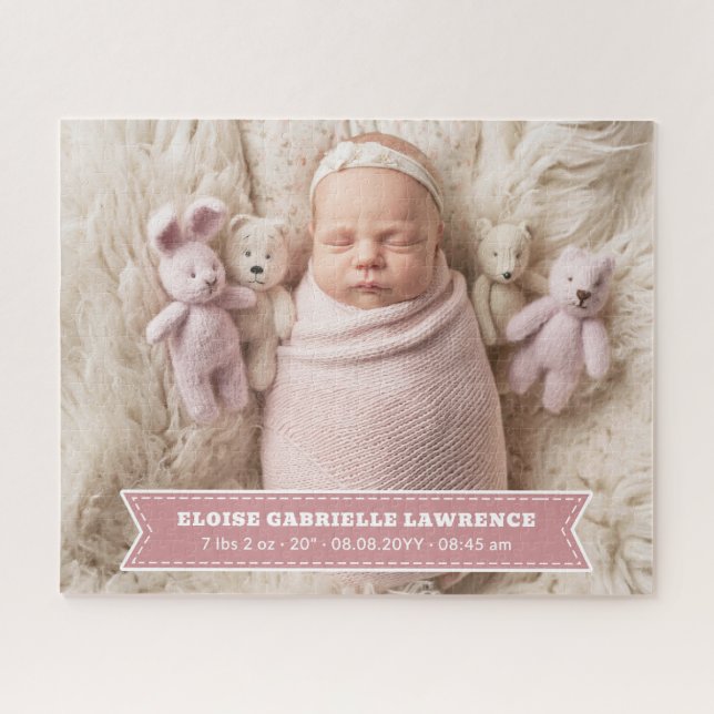 Dusky Pink Newborn Baby Girl Birth Stats Photo Puzzle (Horizontal)