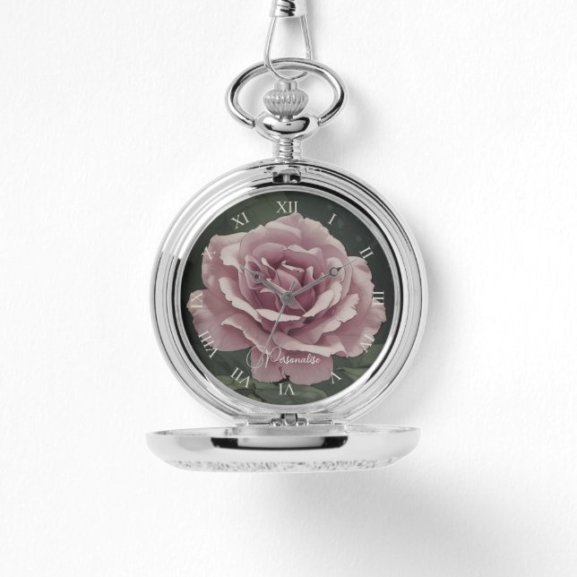 Dusky Pink Rose Blume Personalisiertes Silber Armbanduhr (Vorderseite)
