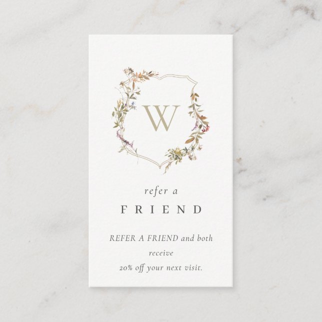 Dusky Pink Wildblume Monogram Wappen Refer Friend Visitenkarte (Vorderseite)