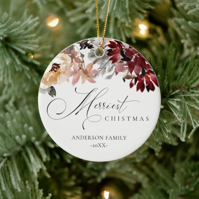 Dusky Red Poinsettia Floral Frohe Weihnachten Keramik Ornament (Baum)