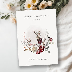 Dusky Stag Marsala Foliage Wreath Frohe Weihnachte Feiertagskarte