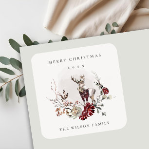 Dusky Stag Marsala Foliage Wreath Frohe Weihnachte Quadratischer Aufkleber