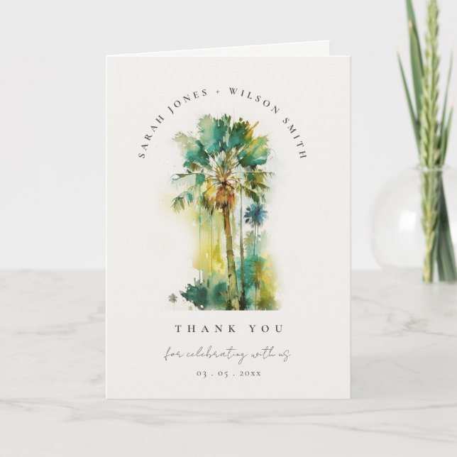 Dusky Tropical Watercolor Palm Trees Foto Hochzeit Dankeskarte (Vorderseite)