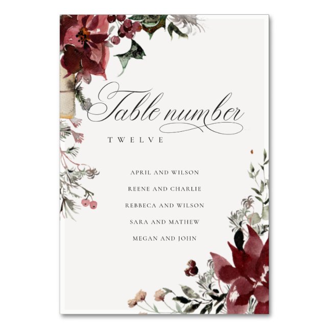 Dusky Warm Winter Festivals Name Hochzeit Tischnummer (Vorderseite)