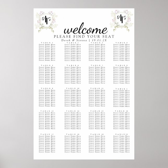 Dusky-Wildblume-Monogram-Wappen Hochzeitssitze Poster (Vorne)