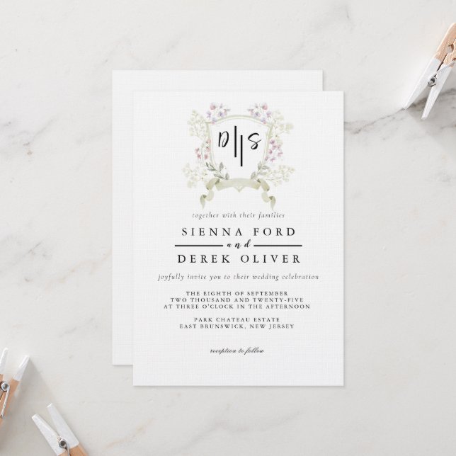 Dusky Wildblume Monogram Wappen Wedding Einladung (Vorderseite/Rückseite Beispiel)