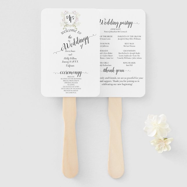 Dusky Wildblume Monogram Wappen Wedding Fächer (Vorne und Hinten)
