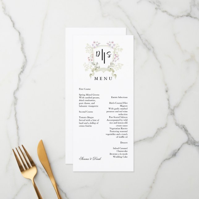 Dusky Wildblume Monogram Wappen Wedding Menükarte (Vorderseite/Rückseite Beispiel)