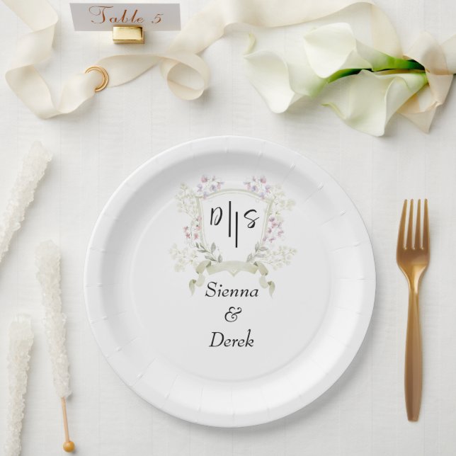Dusky Wildblume Monogram Wappen Wedding Pappteller (Hochzeit)