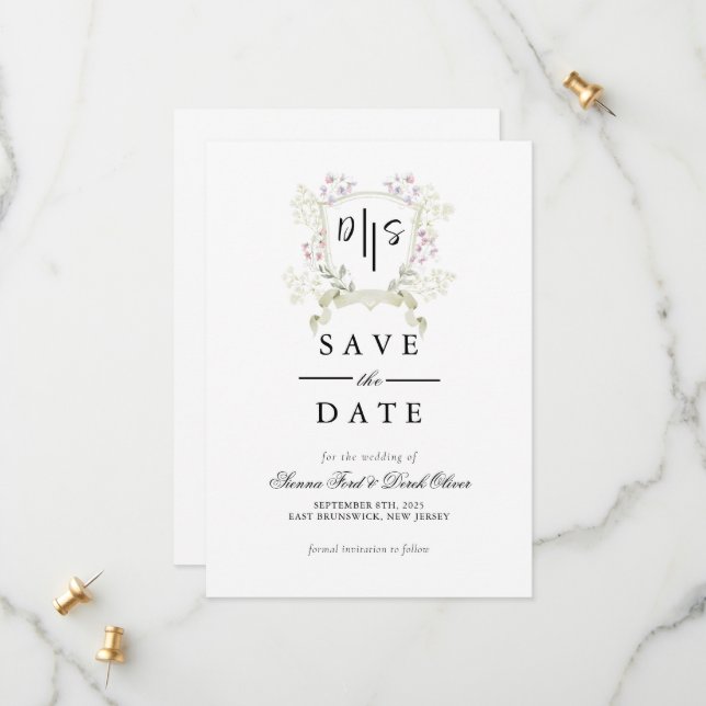 Dusky Wildblume Monogram Wappen Wedding Save The Date (Vorderseite/Rückseite Beispiel)