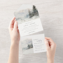 Dusky Winter Snow Mountain Landschaft Hochzeit All In One Einladung