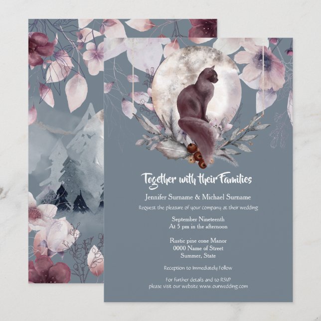 Duskyblau-graue Schieferschwarz-Katzenmoon Aquarel Einladung (Vorne/Hinten)