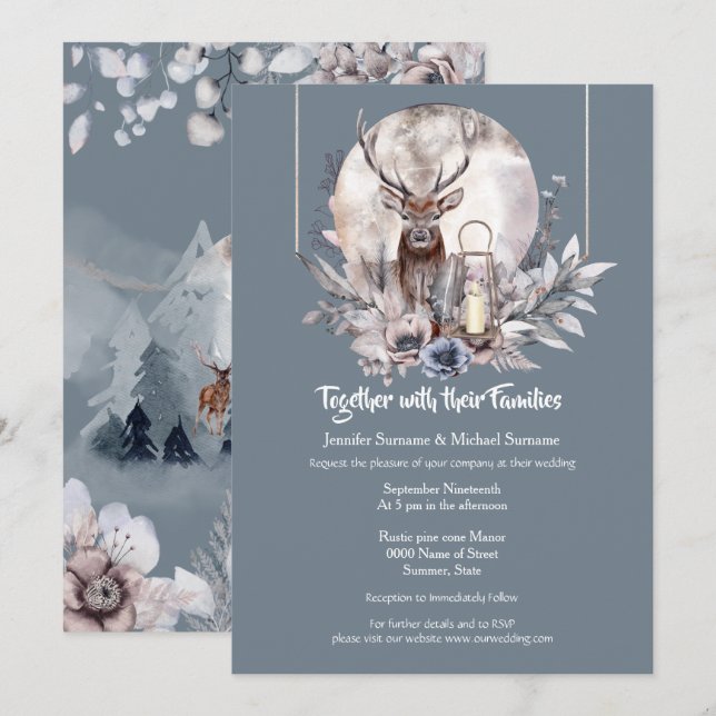 Duskyblau-rosa-Wald Hirnabendmond Einladung (Vorne/Hinten)