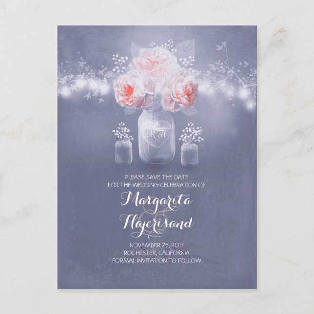 Dustblau und Save the Date rot Ankündigungspostkarte (Vorderseite)