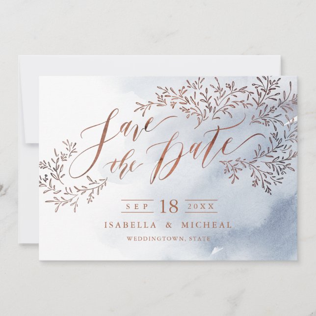 Dustelblaue rustikale Blumenkalligraphie Save the  Date (Vorderseite)