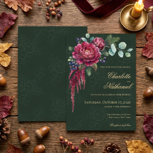 Düster-blumige, tiefgrüne, elegante Hochzeit Einladung