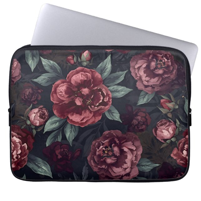Düster-blumiges Wasserfarben Dunkelrot-Muster Laptopschutzhülle (Vorderseite)