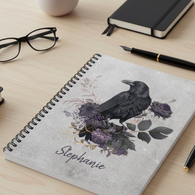 Düster Dark Academia Rabe Spiral Notizblock (Black raven midnight blooms personalized notebook)