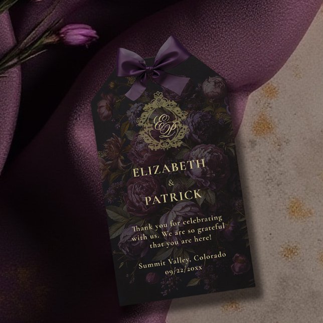 Düster dunkle viktorianische Spitzenkrone dunkle P Geschenkanhänger (moody dark wedding gift tag victorian antique lace crest burgundy purple peony floral gold)