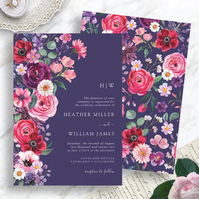 Düster Florale Hochzeit Einladung (Moody Navy Blue Floral Wedding Invitation Monogrammed by Painted Paperie
)