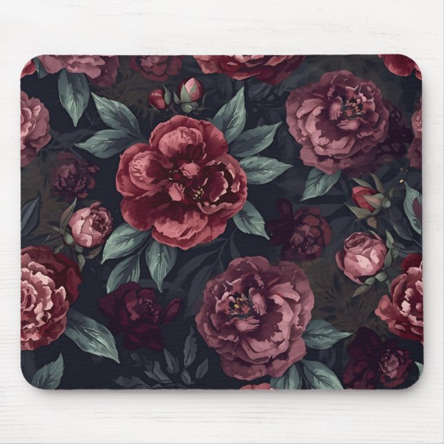 Düster florale Wasserfarbe Dunkelrotes Muster Mousepad (Vorne)