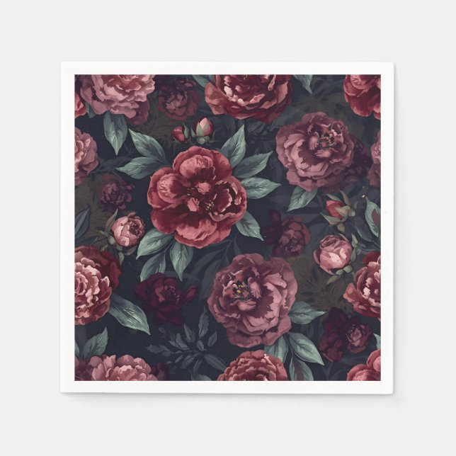 Düster florale Wasserfarbe Dunkelrotes Muster Serviette (Vorderseite)