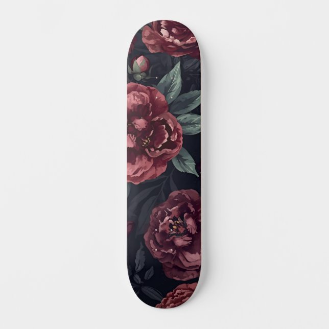 Düster florale Wasserfarbe Dunkelrotes Muster Skateboard (Vorderseite)