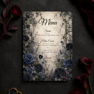 Düster-gotische Blaue Rosen-Hochzeit Menükarte