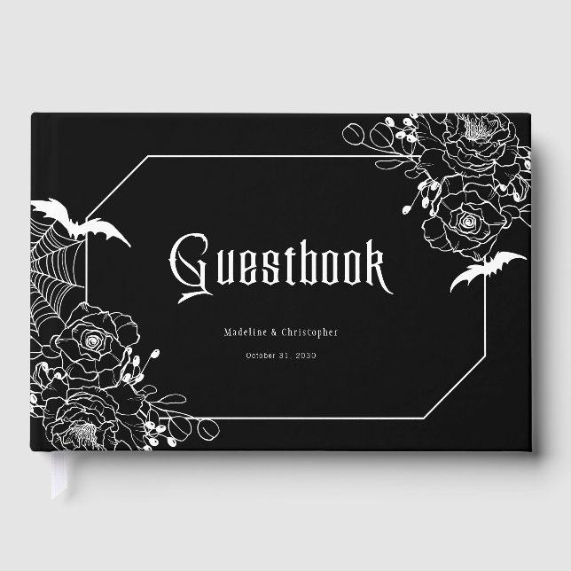 Düster-gotische florale Hochzeit Schwarz Gästebuch (Vorderseite)