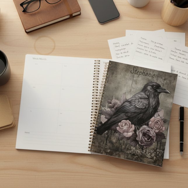 Düster Gotischer Rabe Dunkle Akademie Planer (Personalized Gothic black raven with roses daily planner)