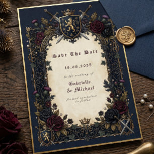 Düster gotischer Wappen Navy Burgund Gold Mittelal Save The Date