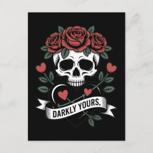 Düster-Ihr Grafik: Gothic-Schädel mit roten Rosen Postkarte