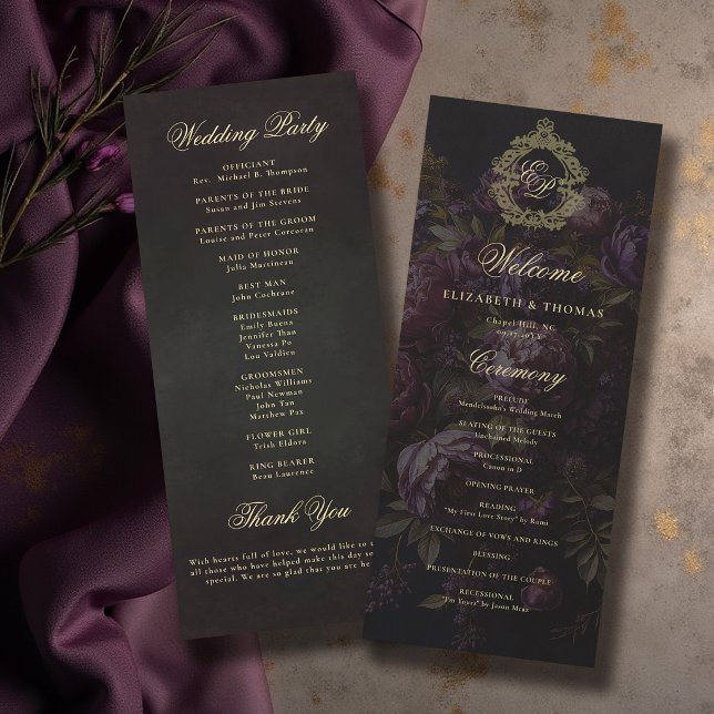Düster-viktorianisches Spitzenwappen dunkles Hochz (moody wedding program victorian antique lace crest dark burgundy purple peony floral gold)