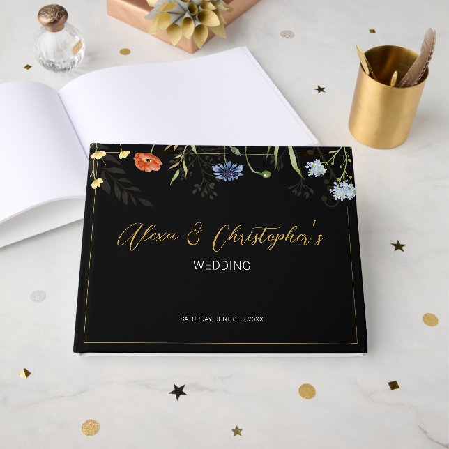 Düster-wilde Blumen Boho-Botanische Hochzeit Gästebuch (Vorderseite Offen)