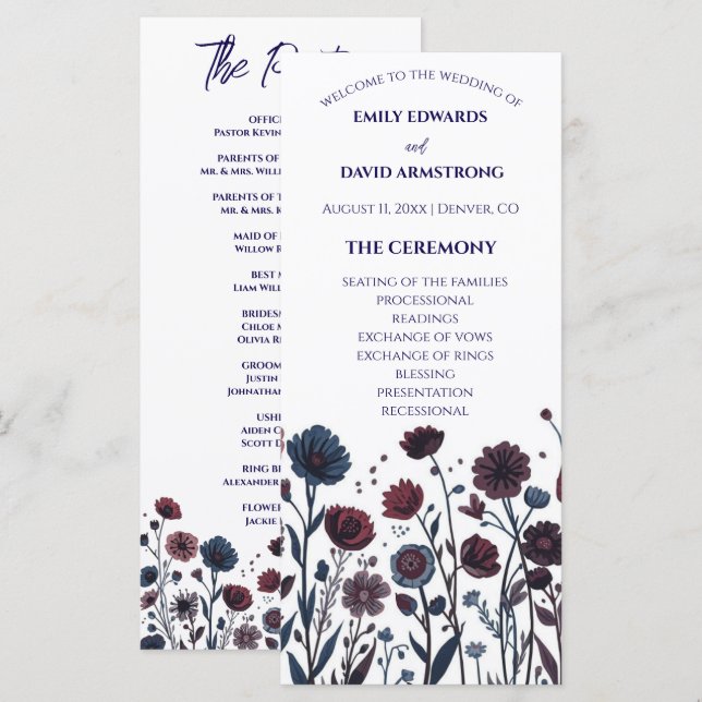 Düstere Burgund & Blaue Blumige Hochzeitsprogramm (Vorne/Hinten)