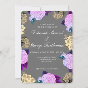 Düstere Dunkelgraue Violette Florale Boho Holzkohl Einladung