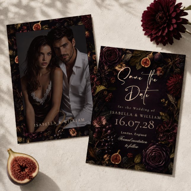 Düstere dunkle Burgunder-Blumen-Botanik Save The Date (Von Creator hochgeladen)