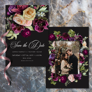 Düstere dunkle florale schwarze Burgunder-romantis Save The Date