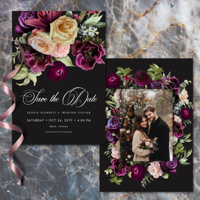 Düstere dunkle florale schwarze Burgunder-romantis Save The Date (Moody Dark Floral Black Burgundy Romantic Photo Wedding Save The Date)