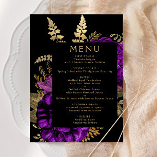 Düstere Florale Hochzeit in Lila und Gold Menükarte