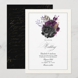 Düstere purpur-goldene und schwarze florale Hochze Einladung