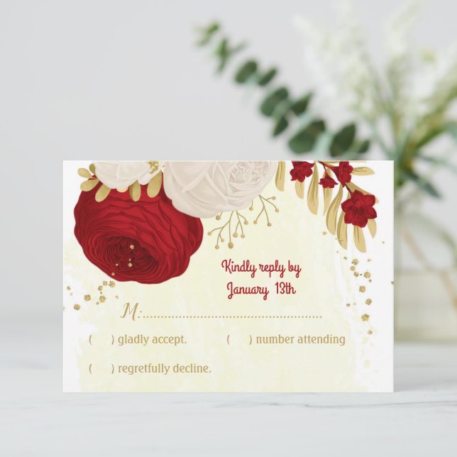 düstere Rot-Weiß-Blume botanische Hochzeit RSVP Karte (Stehend Vorderseite)