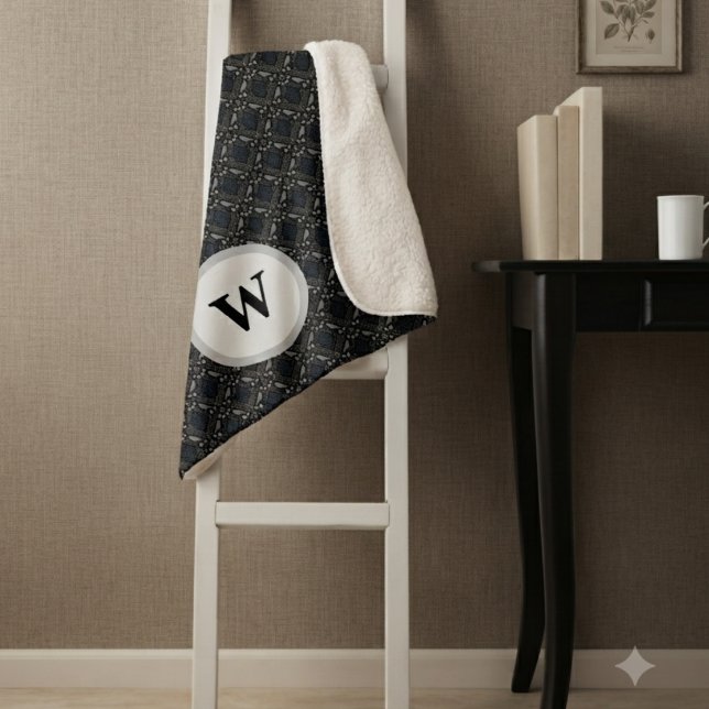 Düsterer Holzkohle-Viktorianischer Rabe Monogramm  Sherpadecke (Moody charcoal victorian raven monogram sherpa blanket for dark academia reading nooks.)