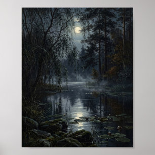 Düsterer Mitternachtswald Mondbeschienene Lichtung Poster