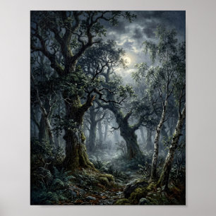 Düsterer Mitternachtswald Mondbeschienene Lichtung Poster
