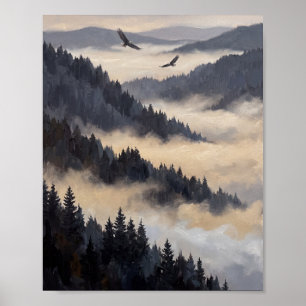 Düsterer nebliger Kiefernwald & Bergnebel-Öl Poster
