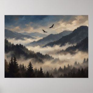 Düsterer nebliger Kiefernwald-Ölgemälde Poster