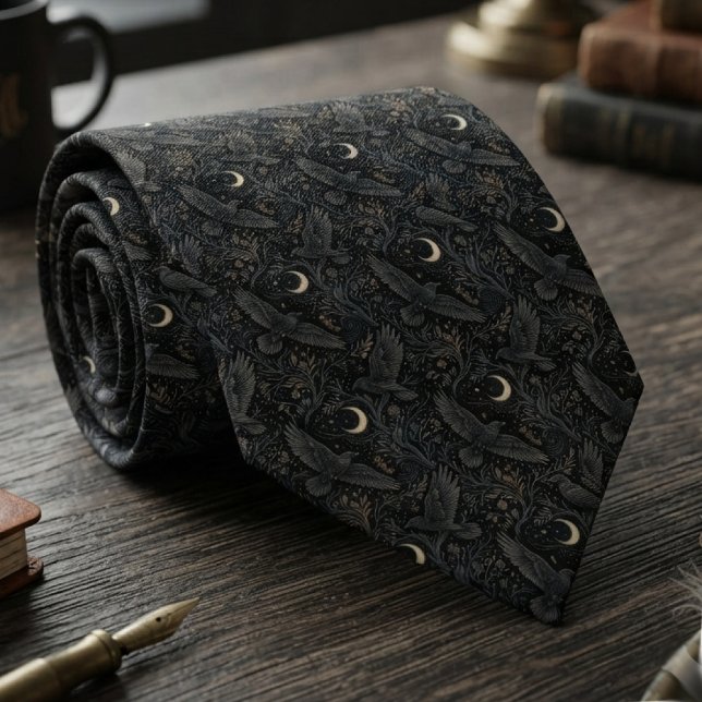 Düsterer Onyx-Himmelsrabe Krawatte (Celestial raven pattern necktie for dark academia scholars attending evening gatherings.)