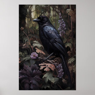 Düsterer Rabe im floralen Wald Druck, Dark Academi Poster