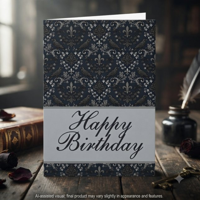 Düsterer viktorianischer Raben-Damaskus zur Mitter (Moody Victorian raven damask birthday card for dark academia lovers celebrating a milestone.)